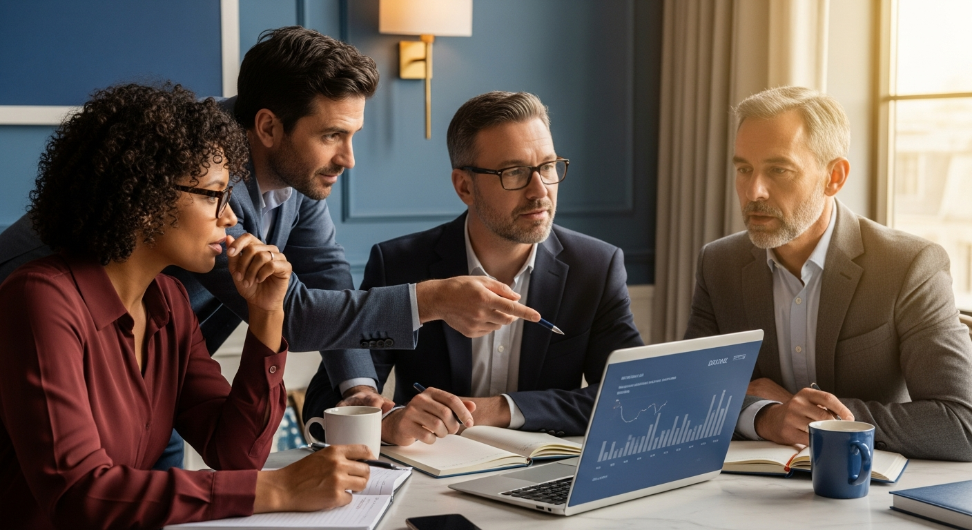 Professionals preparing for securities licensing exams together around a laptop